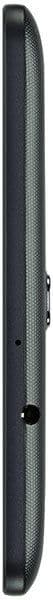 Side view of a black tablet, textured edge, circular port, small button, and microphone or sensor hole. Brand/model not specified.