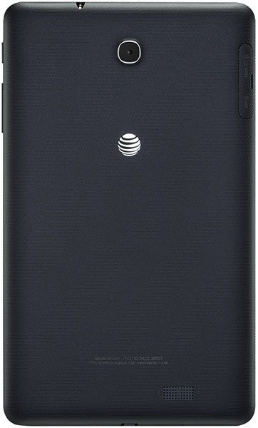 Rear view of a black AT&T-branded tablet with top-center camera, central logo, bottom speaker grille, and side buttons.