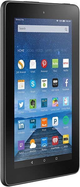 Amazon Fire tablet front view showing home screen with Silk Browser, Hulu, Netflix, Pinterest, and other app icons.