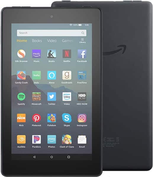 Front view close-up of a black tablet with mixed app icons on the home screen, white background, image heavily pixelated.