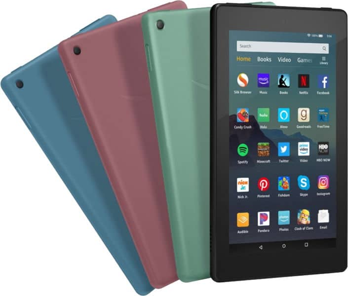 Five Apple iPads in assorted colors, fanned to display both front screens with apps and rear casing designs.