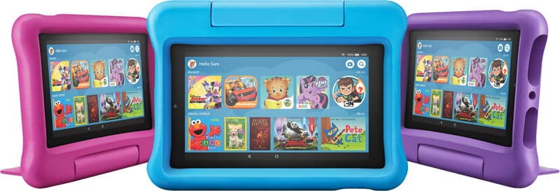 Amazon Fire HD Kids tablets in purple, blue, and pink cases, front view; blue tablet centered, others angled outward.