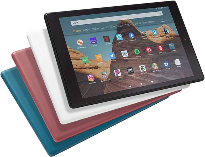 Stack of four tablets, top tablet screen on showing app icons; backs in black, white, pink, and blue (front and rear view).