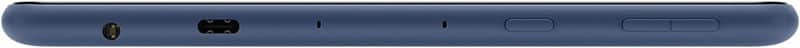 Device shown from top edge, displaying power button, USB-C port, volume controls, and speaker openings on dark blue body