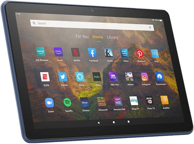 Amazon Fire HD 10 front view with black bezel, showing home screen apps on a mountain landscape background.