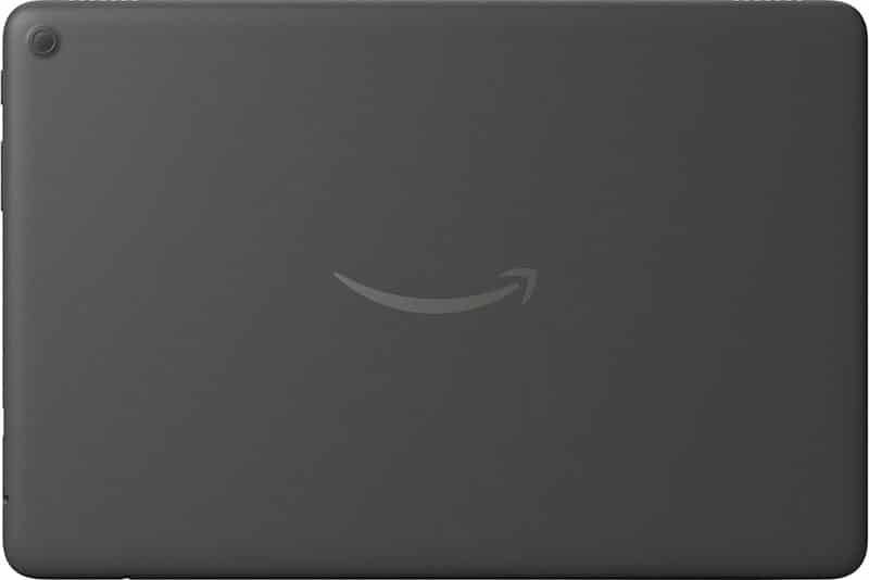 Amazon Fire tablet rear view; matte black finish, centered Amazon smile logo, rounded corners, minimal detailing.