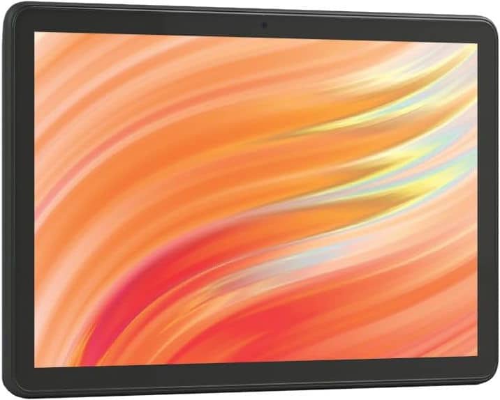 Black tablet, likely Samsung Galaxy Tab, front angled view; large display with abstract orange, yellow, and white swirl design.