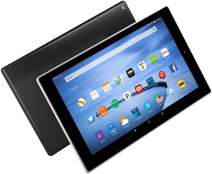 Front and rear views of two black tablets; one displays app icons on screen, the other shows its back cover. Brand/model unspecified.