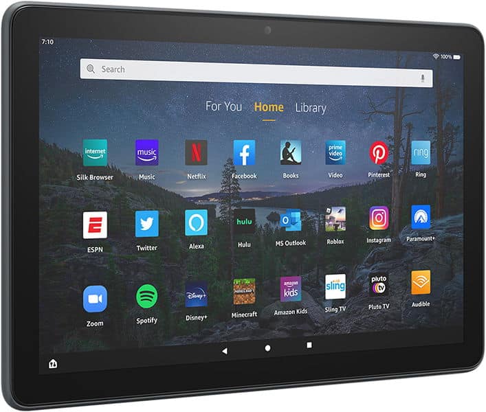 Front view of a tablet with a home screen displaying app icons, search bar, and a diagonal glitch effect across the display.