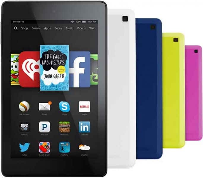 Amazon Fire 7 tablet, front view with apps and books on screen; rear covers in white, blue, pink, yellow show top-left camera.
