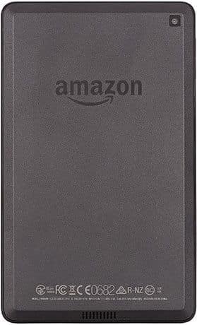 Amazon Fire tablet rear view, black finish, centered Amazon logo, top right camera, regulatory info at the bottom.