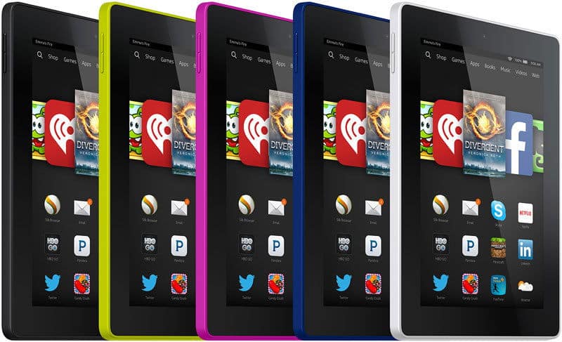 Amazon Fire HD 10 tablets, upright front view, with black, yellow, pink, blue, and white backs; screens show app icons.