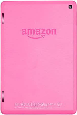 Amazon Fire tablet rear view in pink with logo centered, rear camera at top right, left-edge speaker grills, and bottom labels.