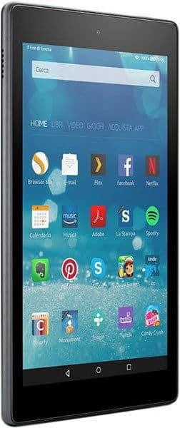 Front view of a black tablet, likely Amazon Fire HD 10, home screen with popular apps on blue water droplet background.