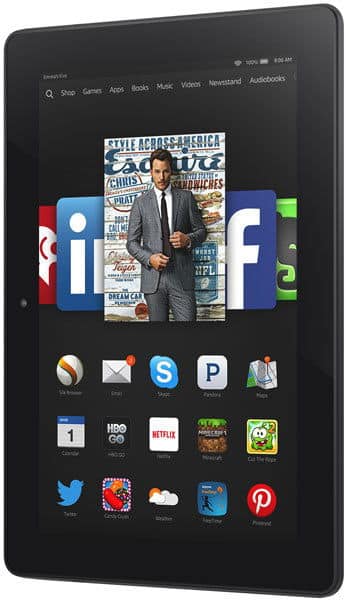 Front view of a black tablet showing app icons like Facebook and Netflix, plus a magazine cover partly covered by icons.