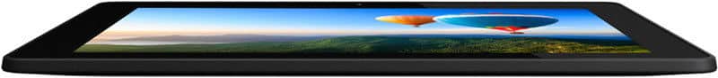 Black tablet, front view, screen shows two hot air balloons over green hills and water under a blue sky. Brand/model unspecified.