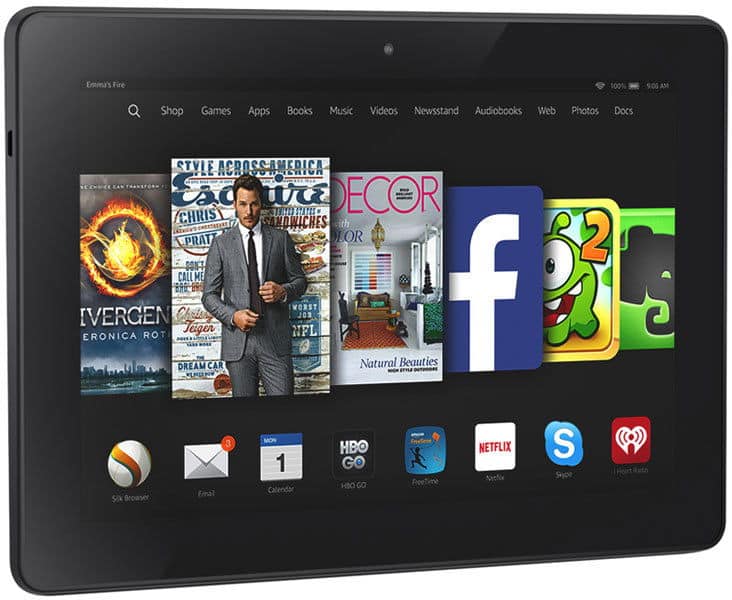 Front view of Amazon Fire tablet showing home screen with app icons: Silk Browser, Facebook, Netflix, Email, Calendar, HBO GO.