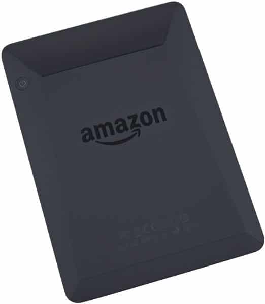 Rear view of black Amazon Kindle e-reader showing central Amazon logo and top left power button.