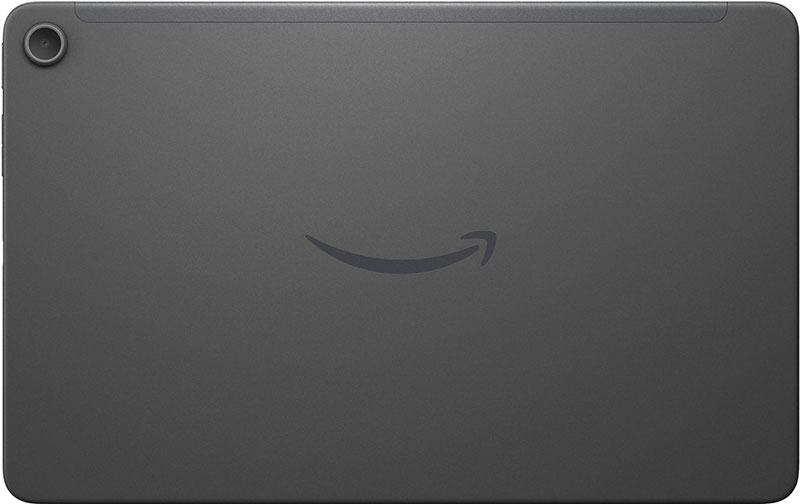 Rear view of a black tablet with a top left rear camera and centered Amazon smile logo.