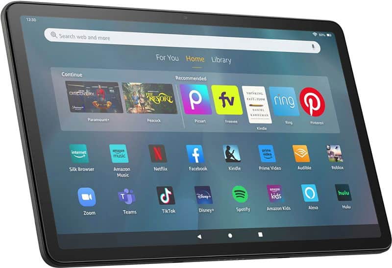 Front view of a tablet home screen showing app icons like Netflix, Facebook, Kindle, and a top search bar.