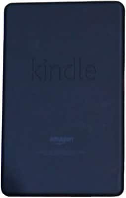 Rear view of a black Amazon Kindle e-reader with "kindle" embossed on the back cover and a smooth, plain surface.