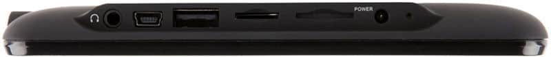 Side view of black tablet showing headphone jack, mini USB, microSD slot, additional port, and power input. Brand/model unspecified.