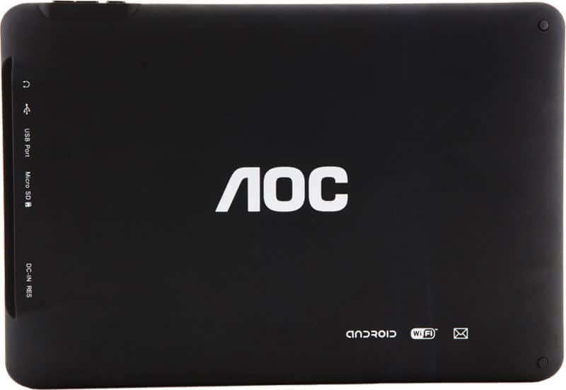 Rear view of black AOC tablet shows USB, Micro SD, DC-IN ports, Android/WiFi/email icons, and centered AOC logo.