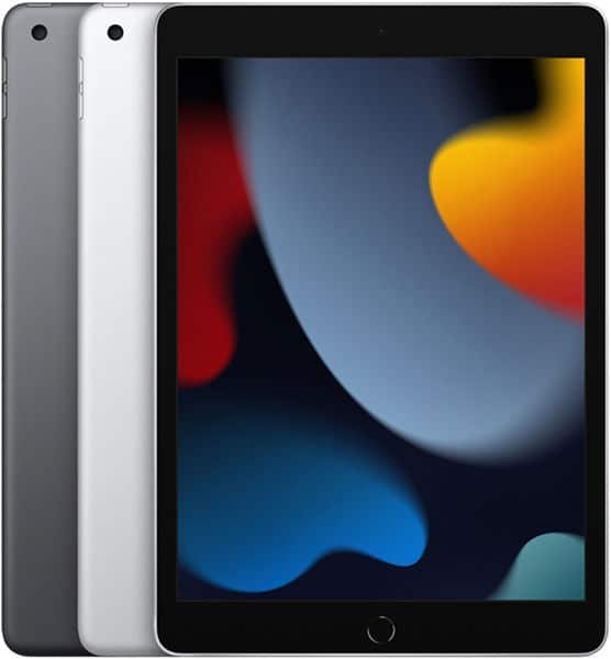 Three Apple iPads side by side: left and right show rear views in gray and silver; center shows front display with colorful wallpaper.