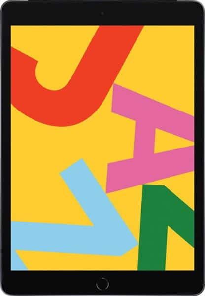 Front view of a black tablet, likely Apple iPad, yellow screen with large colorful letters, front camera and home button visible.