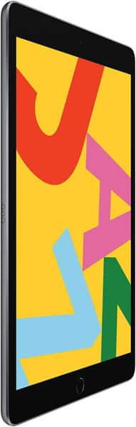 Black tablet, viewed from a front angle, displays vibrant overlapping letters on a yellow background. Brand/model not shown.