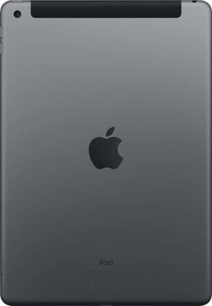 Apple iPad (space gray) rear view with center Apple logo, bottom "iPad" text, top camera, and antenna bar visible.