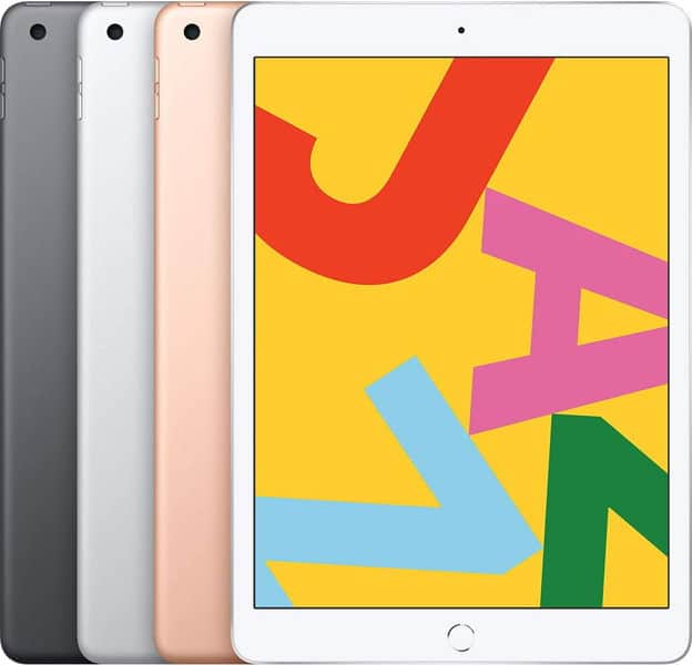Apple iPad lineup, front view in space gray, silver, gold, and white with abstract colorful display on yellow background.