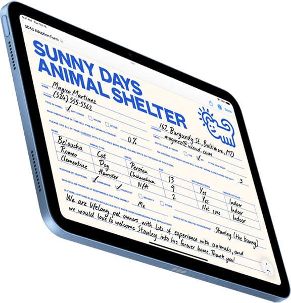 Front view of a tablet showing a completed "Sunny Days Animal Shelter" adoption form with handwritten entries and a cat logo.