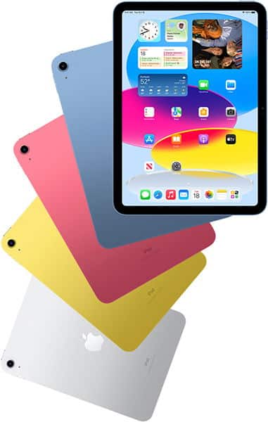 Apple iPad 10th Gen tablets fanned out, four showing rear colors (blue, pink, yellow, silver), one showing front display.