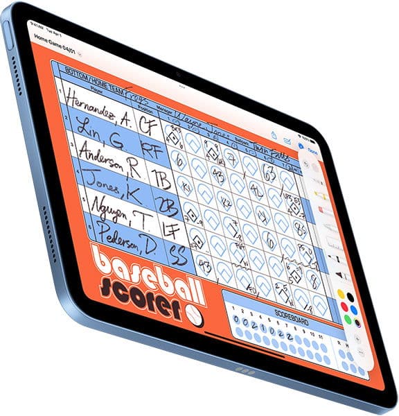 Front view of a Samsung Galaxy Tab showing a digital baseball scorecard with stats, player names, and "baseball scores" label.