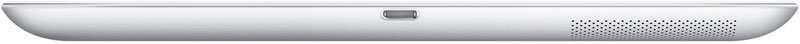 Silver tablet device with speaker grille on right edge, top view