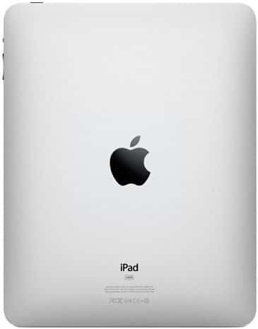 Rear view of a silver Apple iPad showing the central black Apple logo and "iPad" branding with regulatory text at the bottom.
