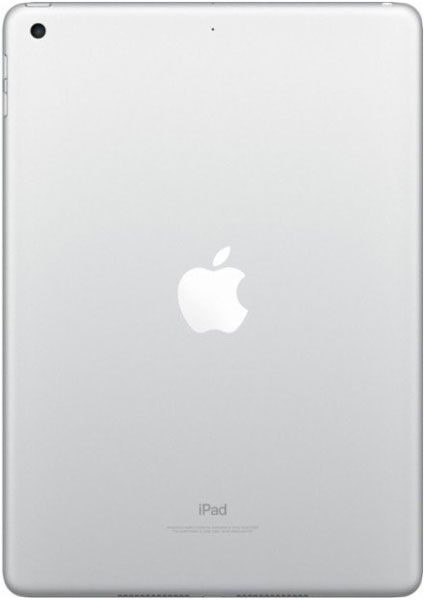 Apple iPad (rear view) in silver with centered Apple logo, "iPad" label at bottom, and rear camera on top left corner.