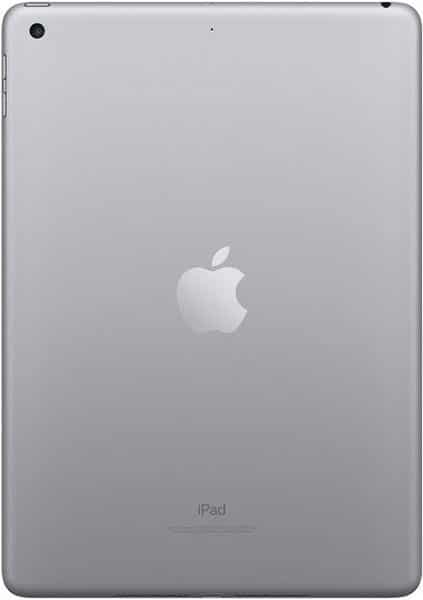 Rear view of silver Apple iPad, Apple logo centered, "iPad" at the bottom, camera lens in top left corner.