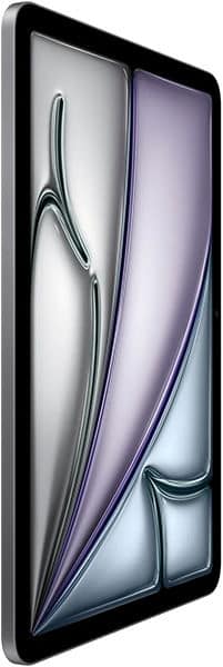 Tablet shown in angled front view, featuring slim black bezel, metallic edge, and abstract silver-purple shapes on display.