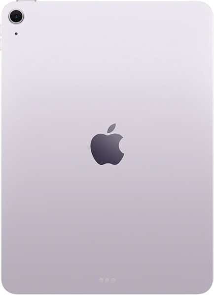 Rear view of a silver Apple iPad showing centered logo, top-left camera, and three circular connectors at the bottom.