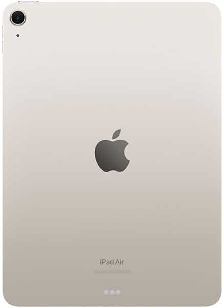 Rear view of silver Apple iPad Air showing centered Apple logo, top-left camera, and "iPad Air" branding at the bottom.
