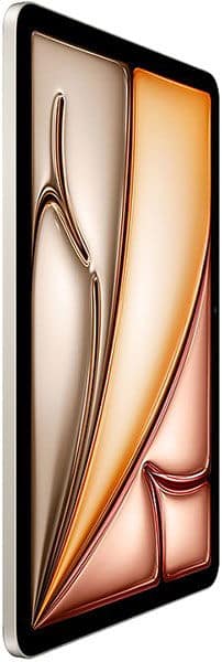 Tablet with slim silver bezel, angled front view, screen showing metallic gold, bronze, and copper abstract design. Brand unspecified.