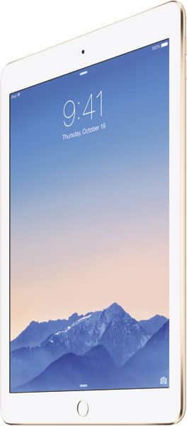 Front view of a gold tablet with white bezel showing lock screen at 9:41, October 16, and a mountain landscape wallpaper.