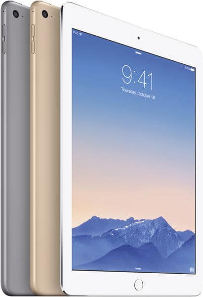 Front view of three Apple iPads in space gray, gold, and silver; front iPad shows landscape wallpaper and 9:41 time.