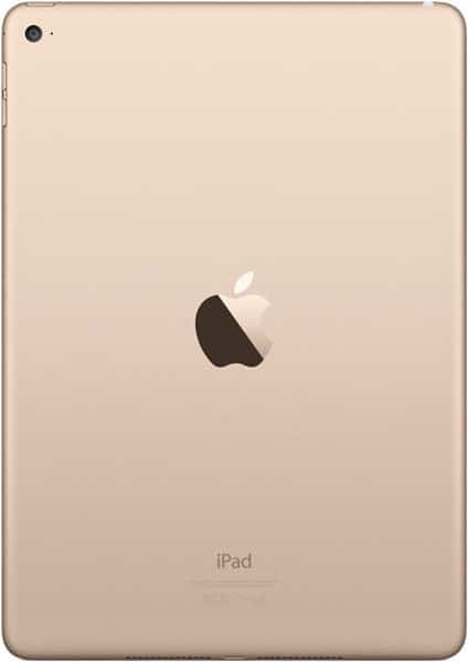 Rear view of gold Apple iPad showing center Apple logo, bottom "iPad" text, and top left rear camera lens.