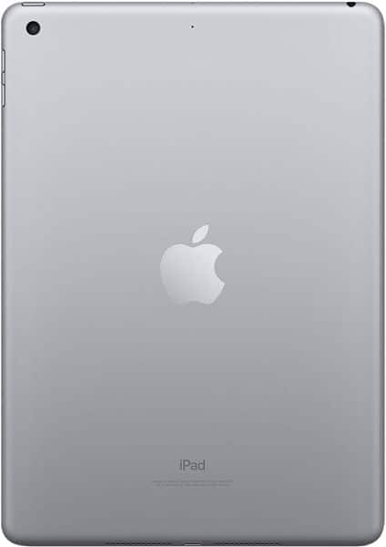 Rear view of silver Apple iPad, Apple logo centered, "iPad" branding at bottom, camera in top left corner.