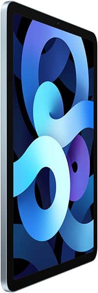 Tablet with black bezel and abstract blue-purple display shown at a side angle to highlight its slim profile; brand unspecified.