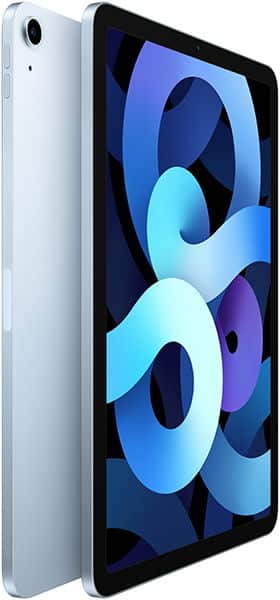 Front view of a tablet showing an abstract, pixelated blue, black, white, and gray design on the display. Brand unspecified.