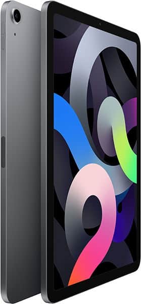 Front view of tablet screen displaying diagonal black and gray stripes with curved multicolored shapes on a white background.